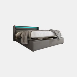 Cama de casal de pu 160x200cm com armazenamento e luz LED,cinzento