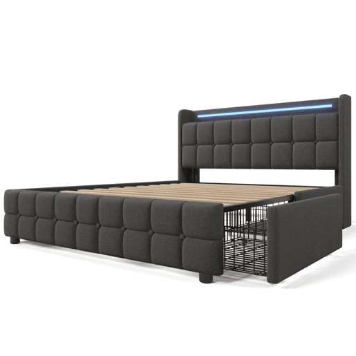 Cama de casal de madeira maciça 160x200cm com luz LED,4 gavetas,cinzento