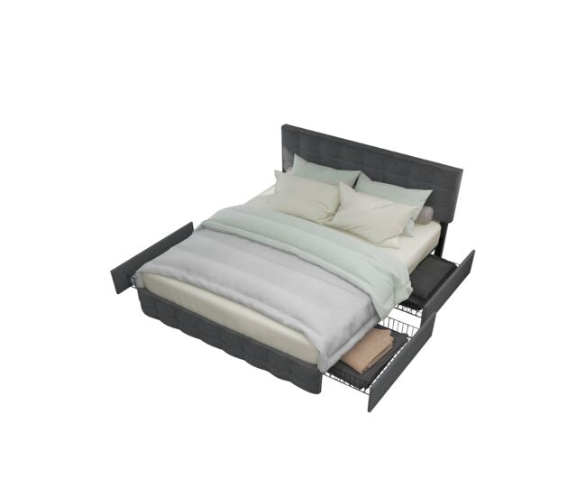 Cama de matrimonio de lino 140x200cm con 4 cajones,gris