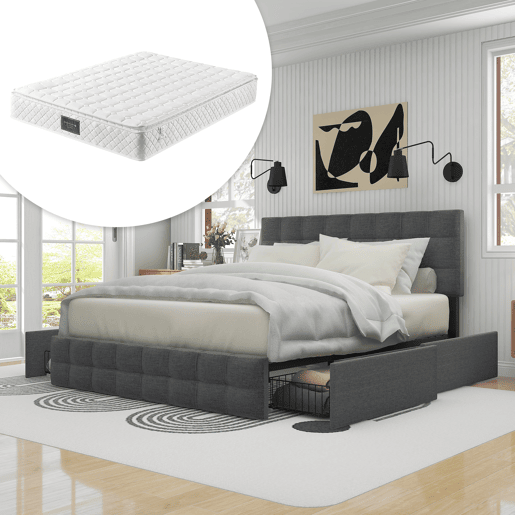 Cama de casal de linho 140x200cm com 4 gavetas,cinzento Cama de casal de linho 140x200cm com 4 gavetas,cinzento