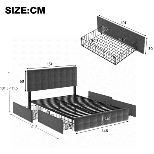 Cama de casal de linho 140x200cm com 4 gavetas,cinzento Cama de casal de linho 140x200cm com 4 gavetas,cinzento