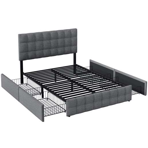 Cama de casal de linho 140x200cm com 4 gavetas,cinzento Cama de casal de linho 140x200cm com 4 gavetas,cinzento