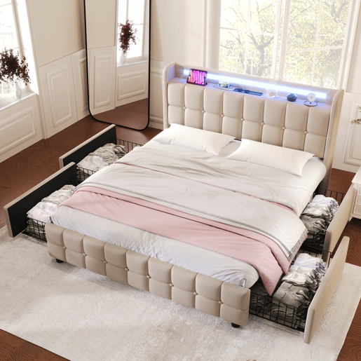 Cama de casal de madeira maciça 180x200cm com luz LED,4 gavetas,bege