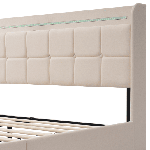 Cama de casal de madeira maciça 180x200cm com luz LED,4 gavetas,bege