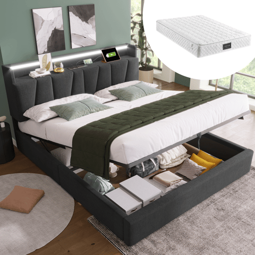 Cama de casal de linho 160x200cm com armazenamento,luz LED,cinzento