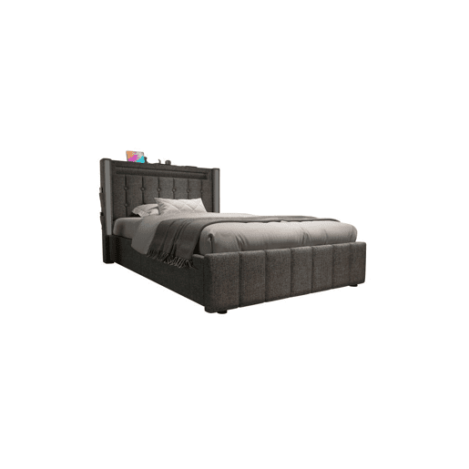 Cama de solteiro de linho 90x200cm com luz LED e 2 gavetas,cinzento