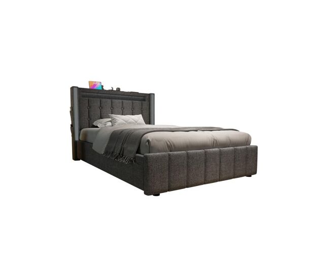 Cama individual de lino 90x200cm con luz LED y 2 cajones,gris