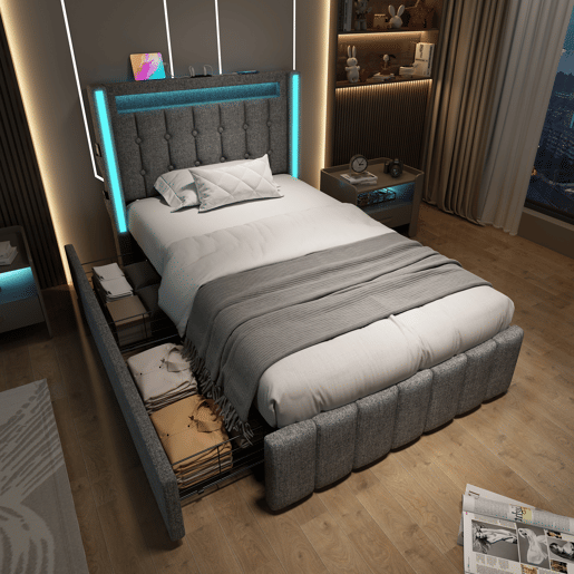 Cama de solteiro de linho 90x200cm com luz LED e 2 gavetas,cinzento
