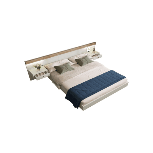Cama de casal de madeira maciça 180x200cm com luz lED,branco+madeira