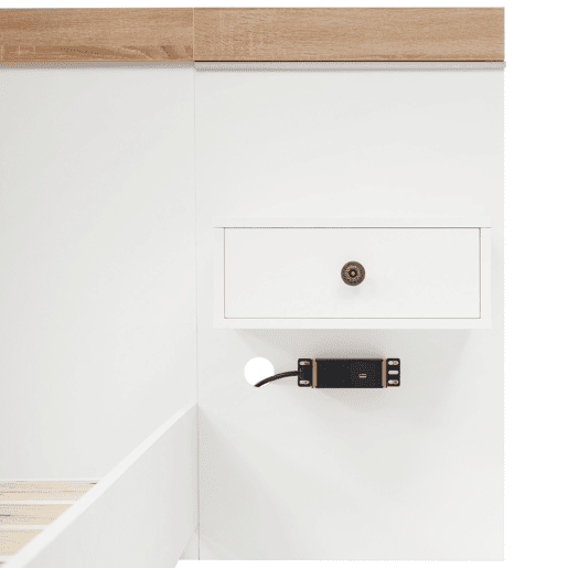 Cama de casal de madeira maciça 180x200cm com luz lED,branco+madeira