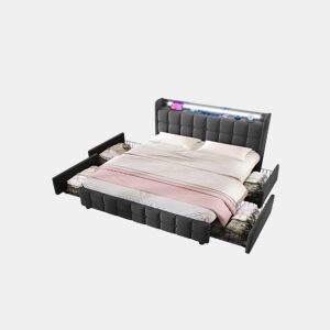 Cama de casal de madeira maciça 180x200cm com luz LED,4 gavetas,cinzento