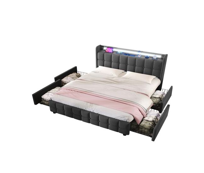 Cama de matrimonio de madera maciza con 4 cajones 184x220