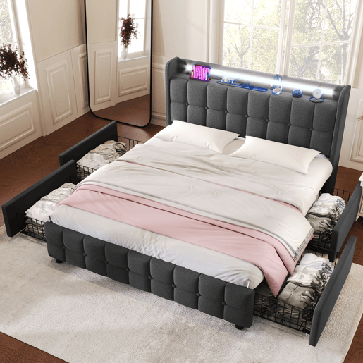 Cama de casal de madeira maciça 180x200cm com luz LED,4 gavetas,cinzento