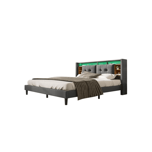 Cama de casal de madeira maciça 140x200cm com luz LED,cinzento