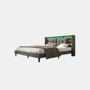 Cama de casal de madeira maciça 140x200cm com luz LED,cinzento