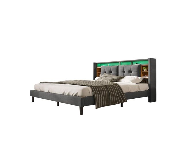 Cama de matrimonio de madera maciza 140x200cm con luz led,gris