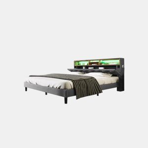 Cama de casal de madeira maciça 140x200cm com luz LED,cinzento