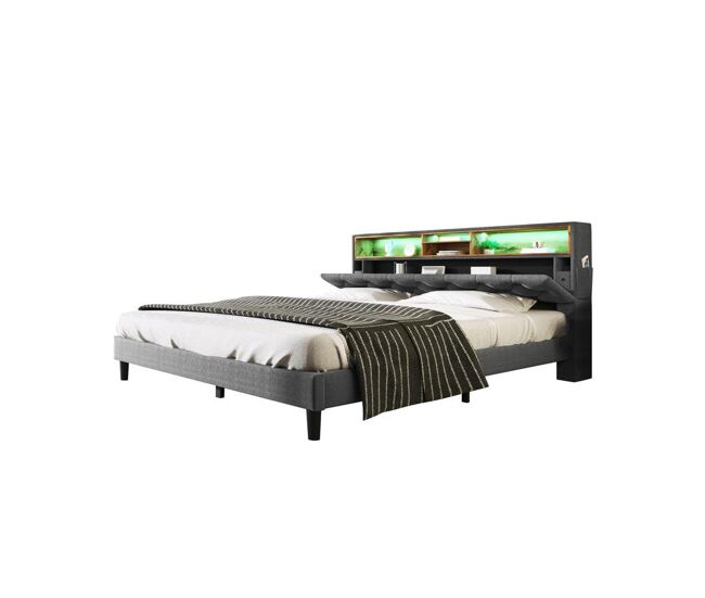 Cama de matrimonio de madera maciza 140x200cm con luz LED,gris