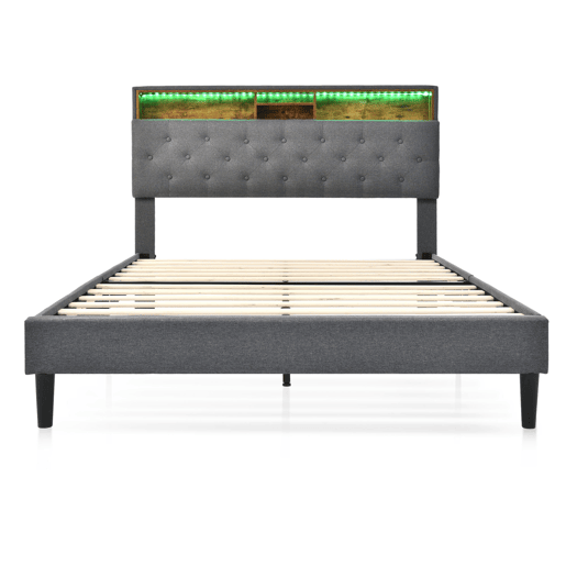 Cama de casal de madeira maciça 140x200cm com luz LED,cinzento