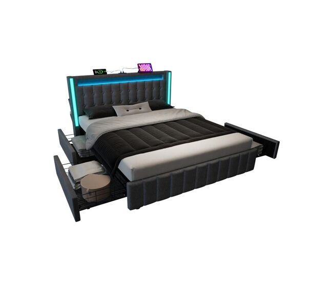 Cama de matrimonio de lino 160x200cm con luz LED,4 cajones,gris