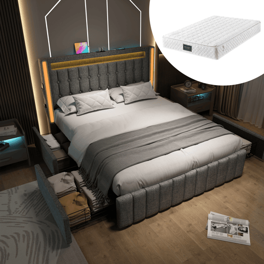 Cama de casal de linho 160x200cm com luz LED,4 gavetas,cinzento