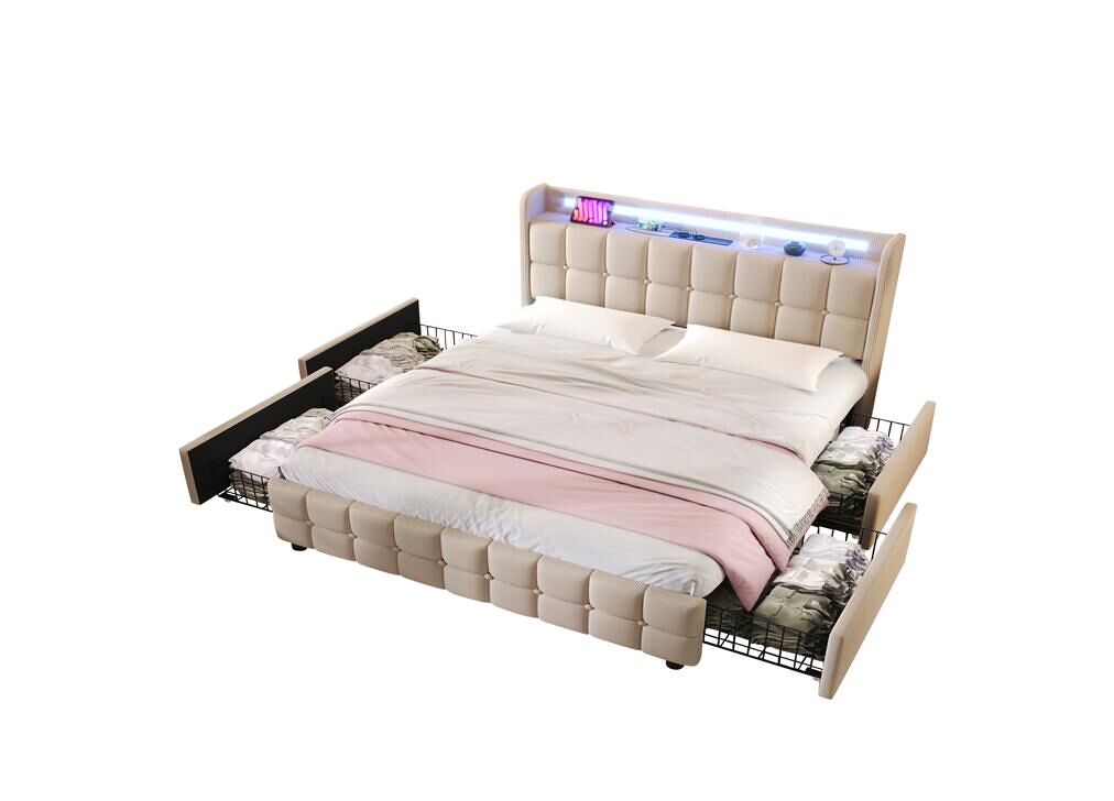 Cama de matrimonio de madera maciza 160x200cm con luz led,4 cajones,beige