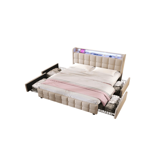 Cama de casal de madeira maciça 160x200cm com luz LED,4 gavetas,bege