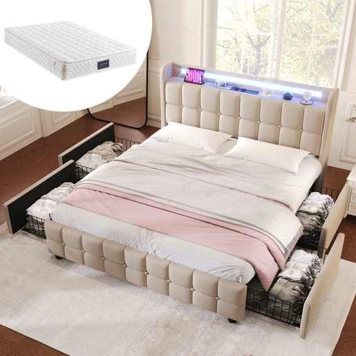 Cama de casal de madeira maciça 160x200cm com luz LED,4 gavetas,bege