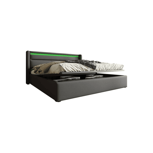 Cama de casal de pu 140x200cm com armazenamento e luz LED,cinzento
