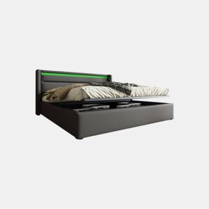 Cama de casal de pu 140x200cm com armazenamento e luz LED,cinzento