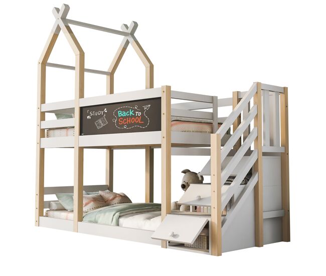 Litera cabaña infantil de madera maciza 90x200cm con pizarra,escalera con almacenaje y protección contra caídas,blanco+natural