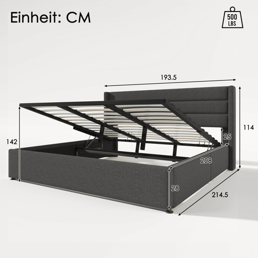Cama de casal de linho 180x200cm com armazenamento,cinzento