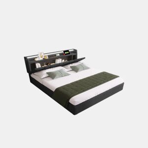 Cama de casal de linho 140x200cm com armazenamento,luz LED,cinzento