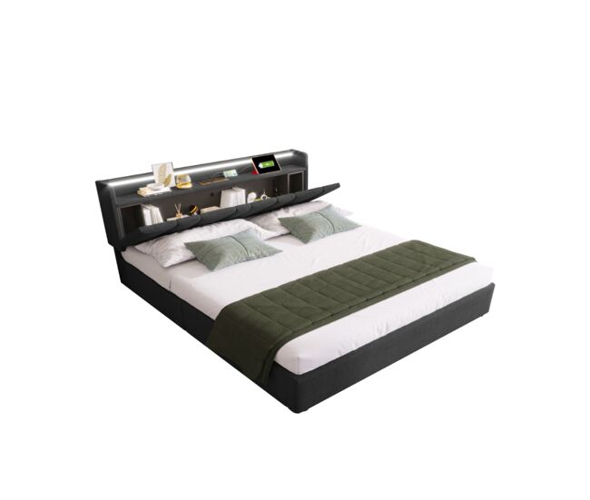 Cama de matrimonio de lino 140x200cm con almacenaje,luz LED,gris