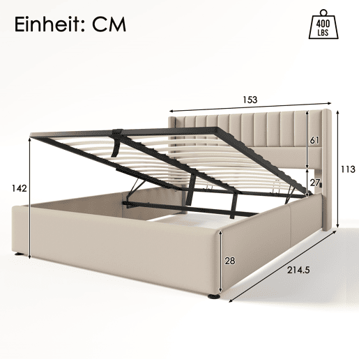 Cama de casal de linho 140x200cm com armazenamento,bege