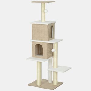 PawHut Arranhador para Gatos em Borrego Altura 140 cm Arranhador para Gatos com 2 Cavernas Plataformas Bolas Suspensas e Poste de Sisal Marrom Claro