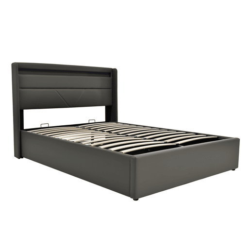Cama de casal de pu 160x200cm com armazenamento e luz LED,cinzento