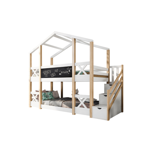 Beliche,cama-casa de madeira maciça 90x200cm,branco+natural