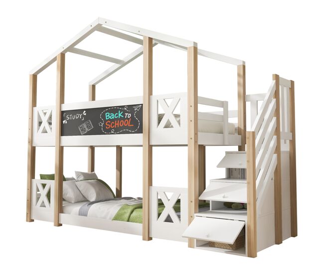 Litera cabaña infantil de madera maciza 90x200cm con pizarra,2 somieres,escalera con almacenaje y protección contra caídas,blanco+natural