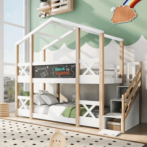 Beliche,cama-casa de madeira maciça 90x200cm,branco+natural