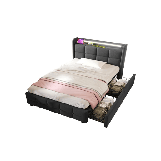 Cama de solteiro de linho 90x200cm com luz LED e 2 gavetas,cinzento