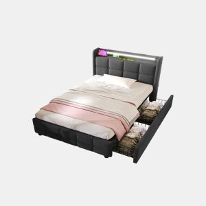 Cama de solteiro de linho 90x200cm com luz LED e 2 gavetas,cinzento