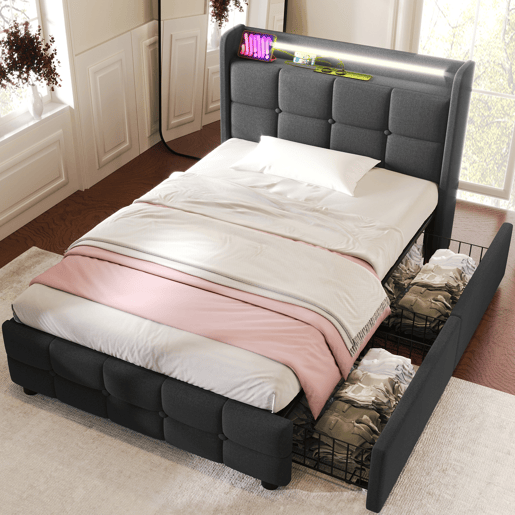 Cama de solteiro de linho 90x200cm com luz LED e 2 gavetas,cinzento