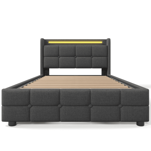 Cama de solteiro de linho 90x200cm com luz LED e 2 gavetas,cinzento