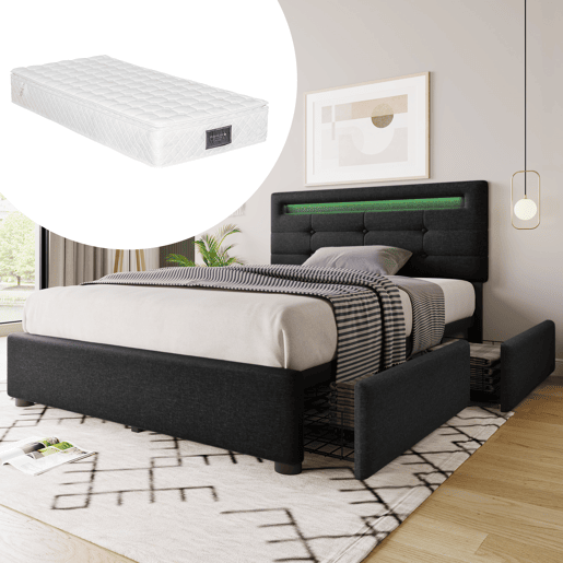 Cama de solteiro de linho 90x200cm com luz LED e 2 gavetas,preto