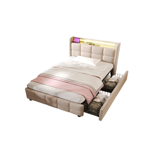 Cama de solteiro de linho 90x200cm com luz LED e 2 gavetas,bege