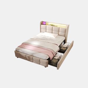Cama de solteiro de linho 90x200cm com luz LED e 2 gavetas,bege