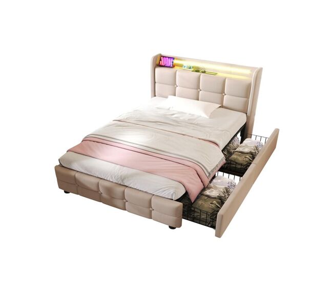 Cama individual de lino 90x200cm con luz led y 2 cajones,beige
