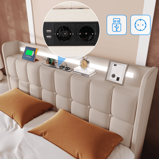 Cama de solteiro de linho 90x200cm com luz LED e 2 gavetas,bege