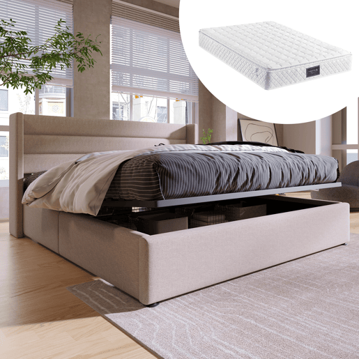 Cama de casal de linho 160x200cm com armazenamento,bege